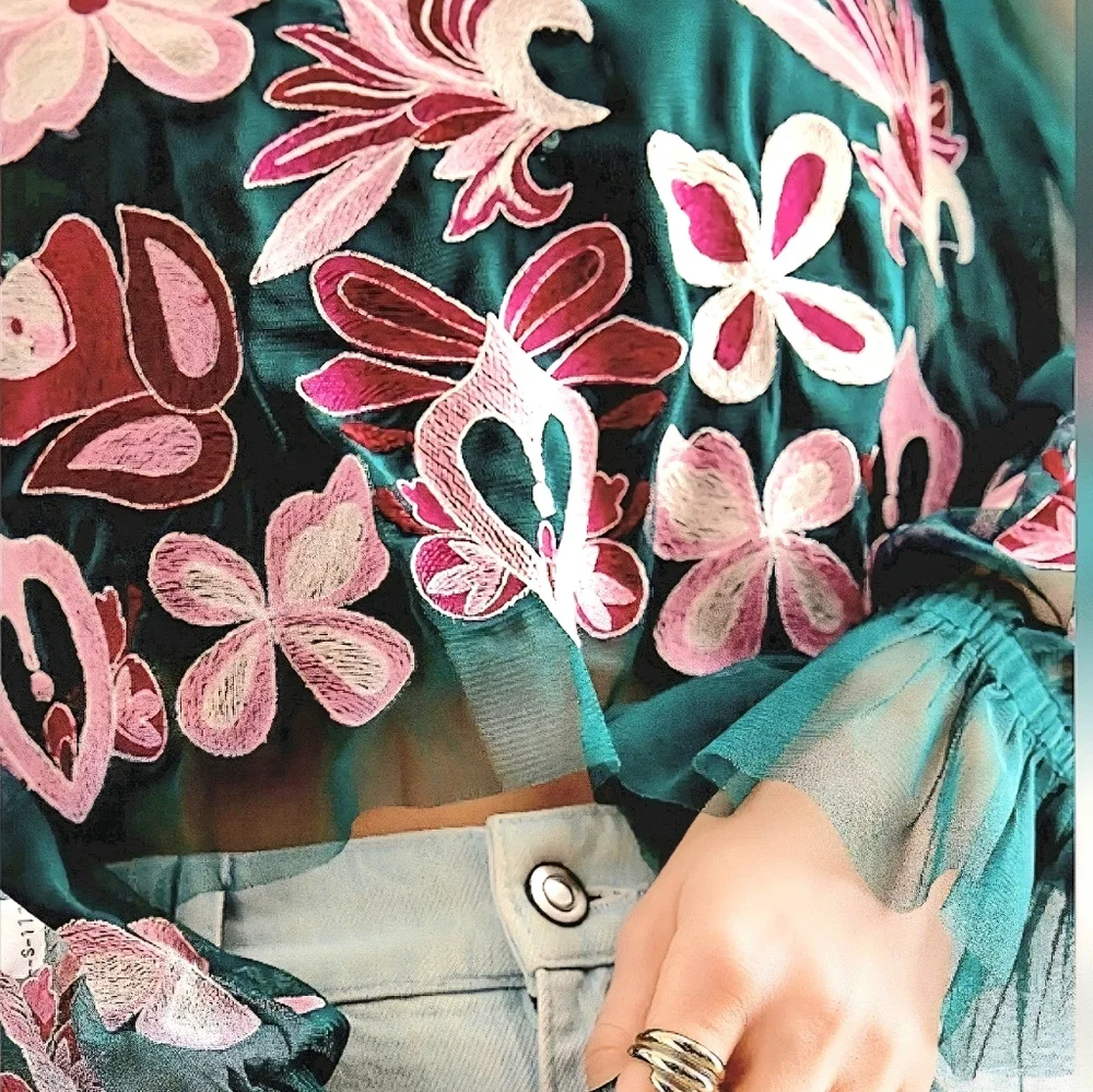 NWT By Anthropologie Long-Sleeve Embroidered Cropped Mesh Top Size 1X - Picture 5 of 16